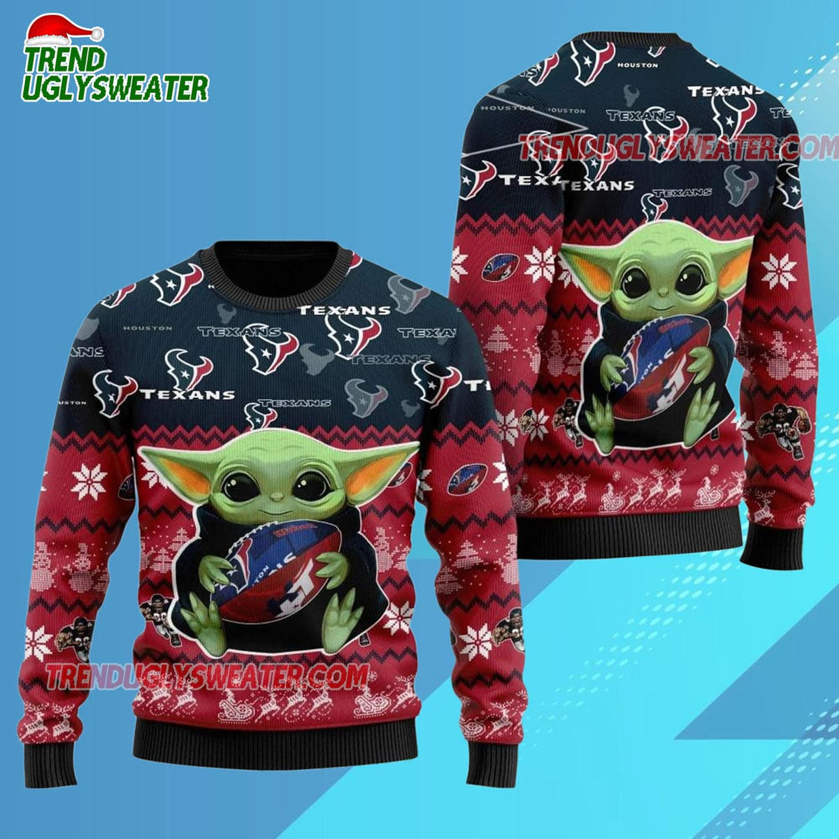 Houston Texans Baby Yoda Hug The Ball Christmas Ugly Sweater