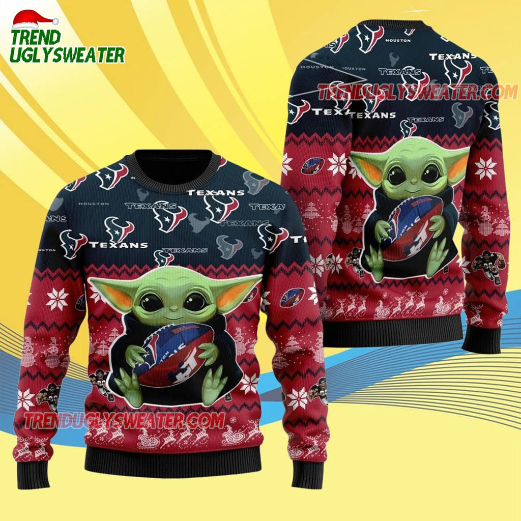 Houston Texans Baby Yoda Hug The Ball Christmas Ugly Sweater