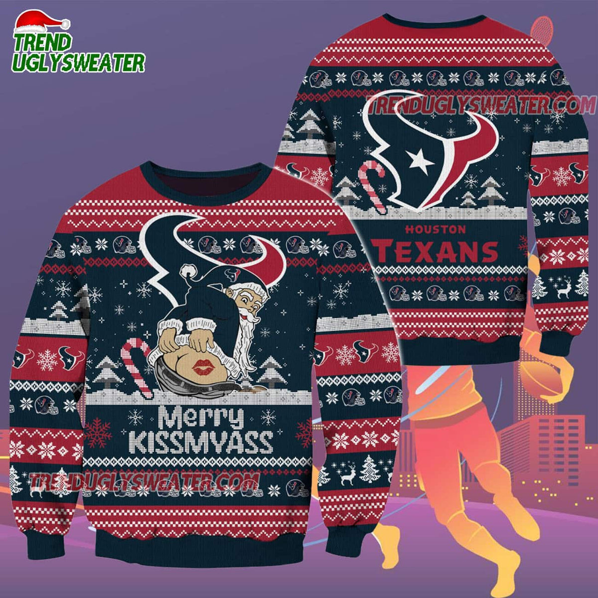 Houston Texans Merrykissmyass Funny Santa Claus Christmas Ugly Sweater
