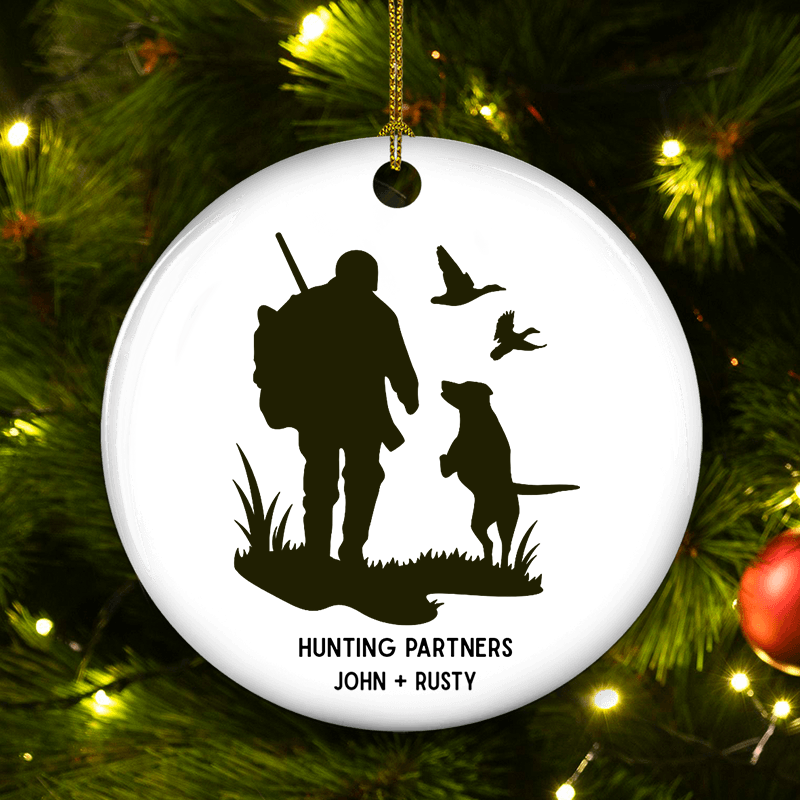 Hunting Partners Man and Dog - Personalized Custom Ceramic Ornament - Christmas Gift For Hunter, Outdoor Hunting