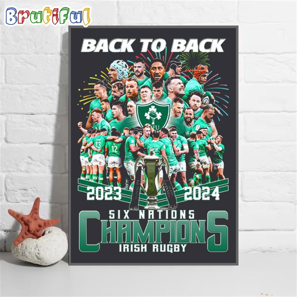 Irish Rugby 2024 Back To Back Champions Wall Art Poster Canvas