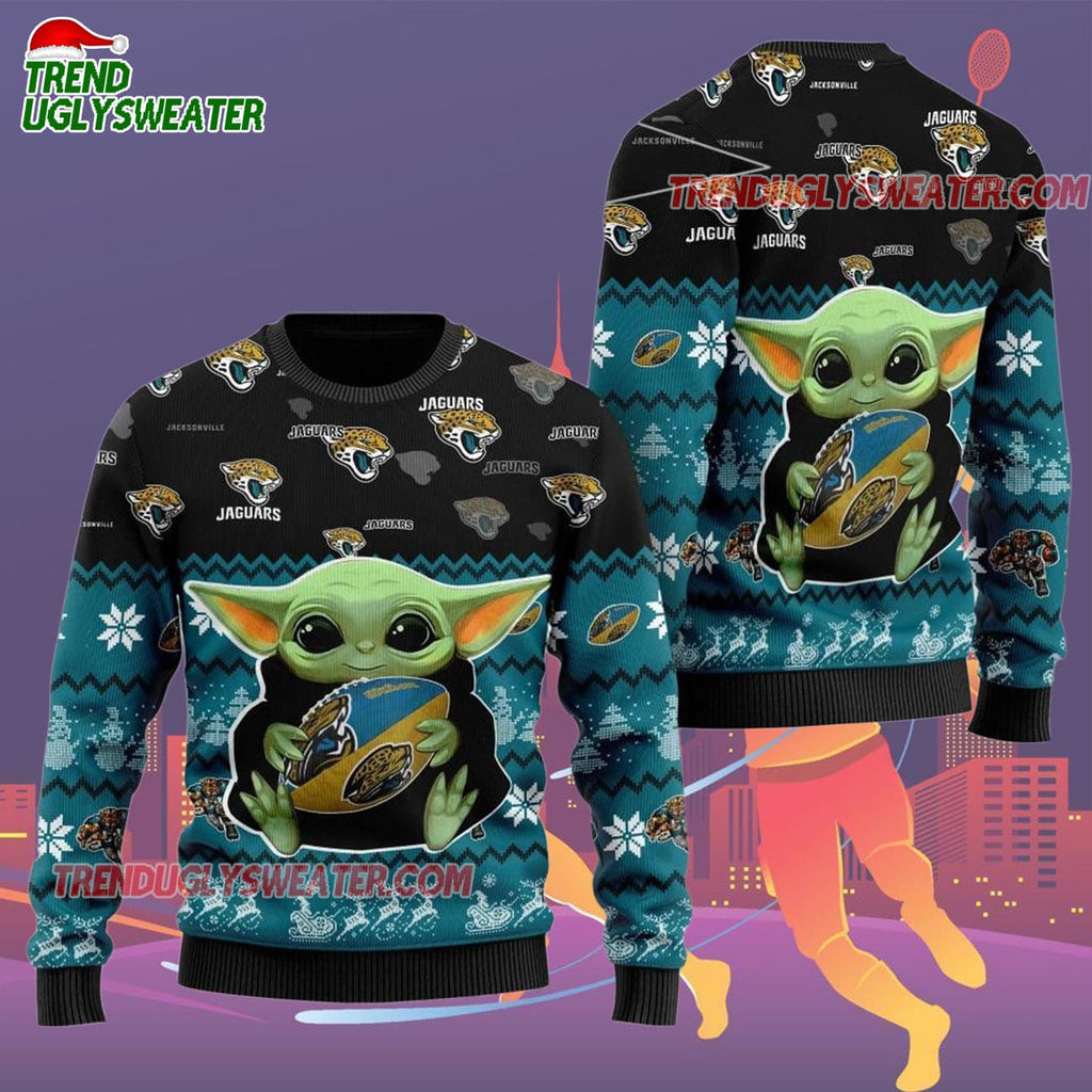 Jacksonville Jaguars Baby Yoda Hug The Ball Christmas Ugly Sweater
