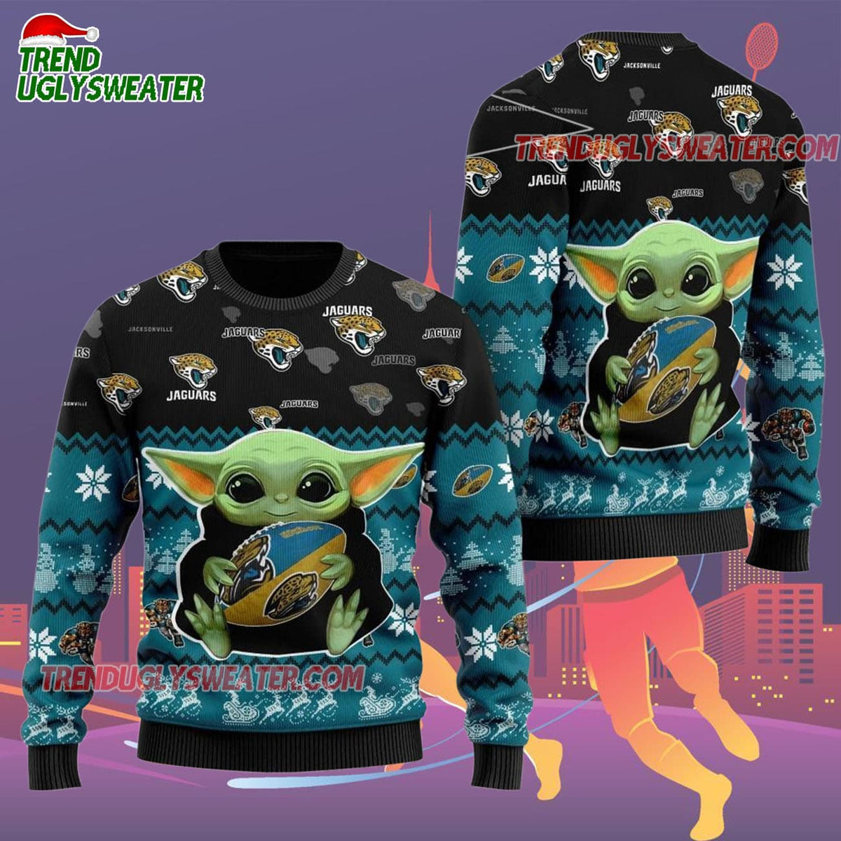 Jacksonville Jaguars Baby Yoda Hug The Ball Christmas Ugly Sweater