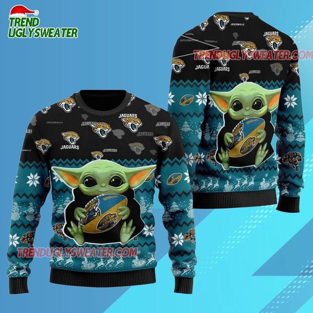 Jacksonville Jaguars Baby Yoda Hug The Ball Christmas Ugly Sweater