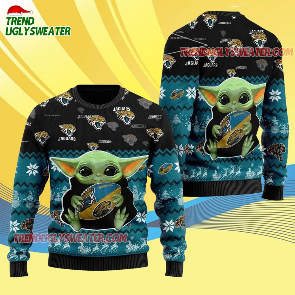 Jacksonville Jaguars Baby Yoda Hug The Ball Christmas Ugly Sweater