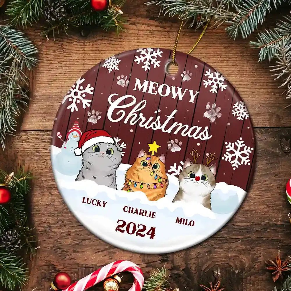Meowy Christmas - Personalized Circle Ceramic Ornament - Christmas Gift for Cat Lovers, Pet Lovers, Cat Mom, Cat Dad