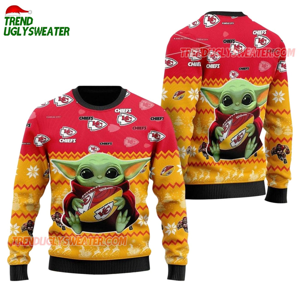 Kansas City Chiefs Baby Yoda Hug The Ball Christmas Ugly Sweater