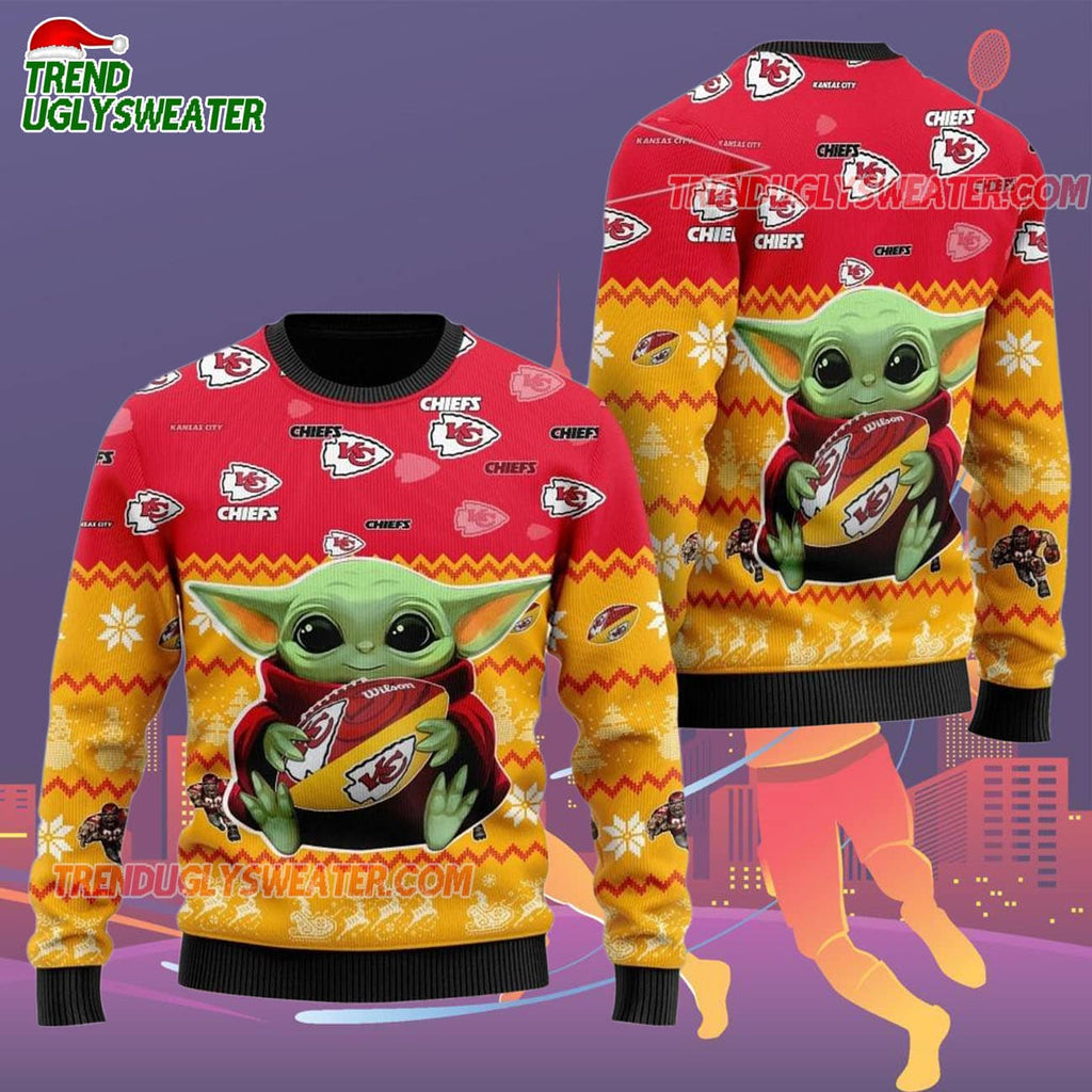 Kansas City Chiefs Baby Yoda Hug The Ball Christmas Ugly Sweater