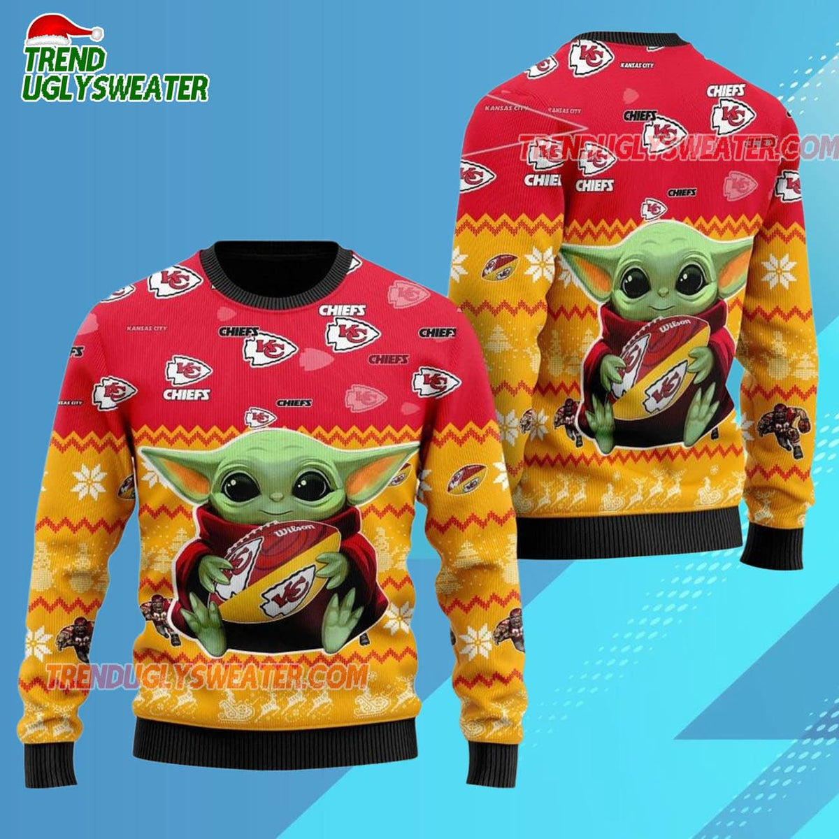 Kansas City Chiefs Baby Yoda Hug The Ball Christmas Ugly Sweater