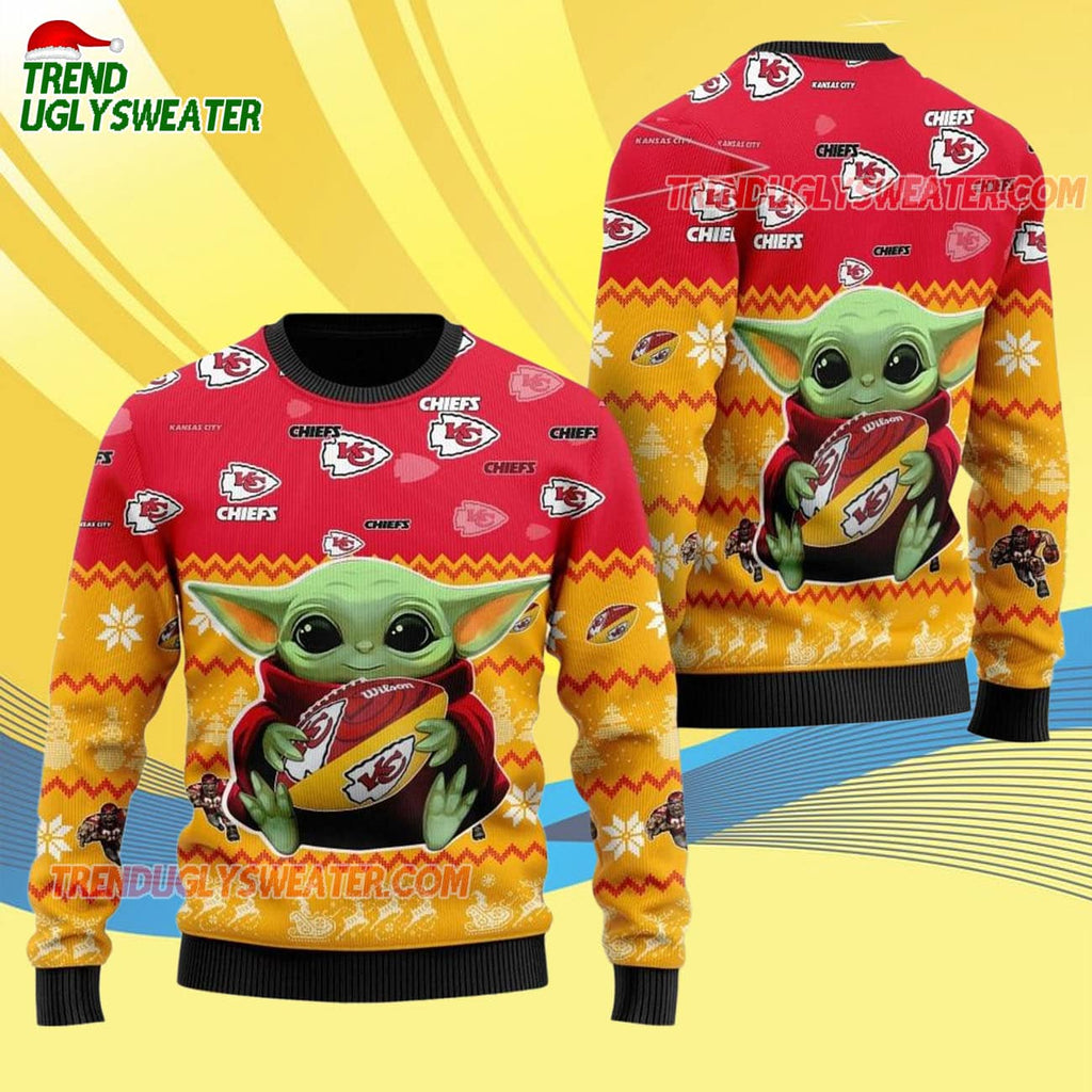 Kansas City Chiefs Baby Yoda Hug The Ball Christmas Ugly Sweater