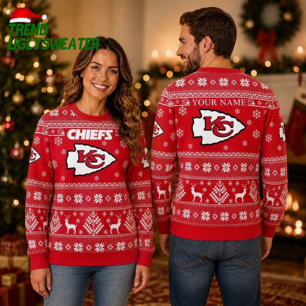 Kansas City Chiefs Personalized Festive Reindeer Ugly Christmas Sweater
