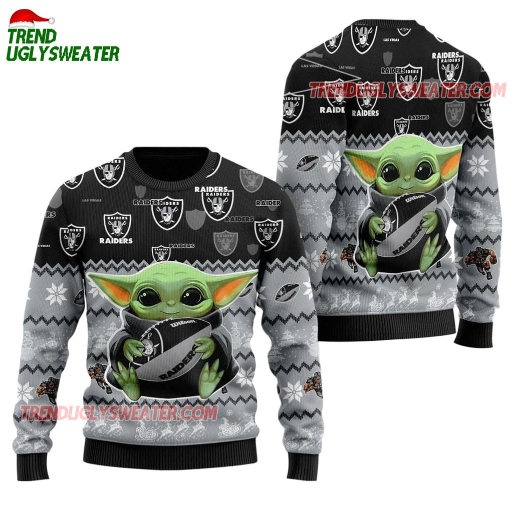 Las Vegas Raiders Baby Yoda Hug The Ball Christmas Ugly Sweater