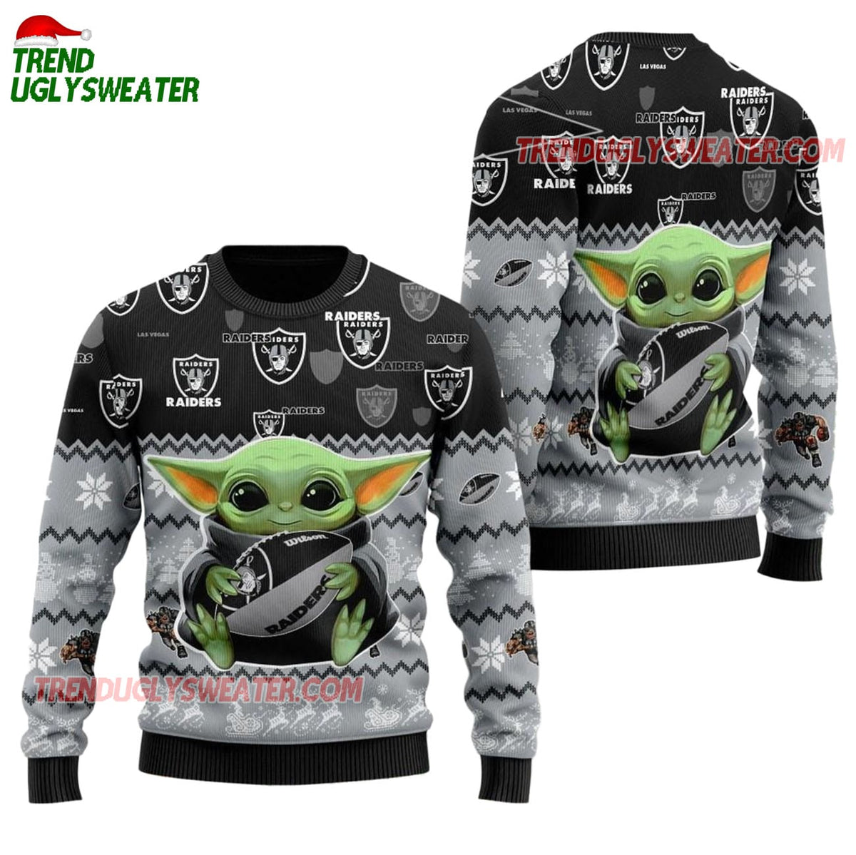 Las Vegas Raiders Baby Yoda Hug The Ball Christmas Ugly Sweater
