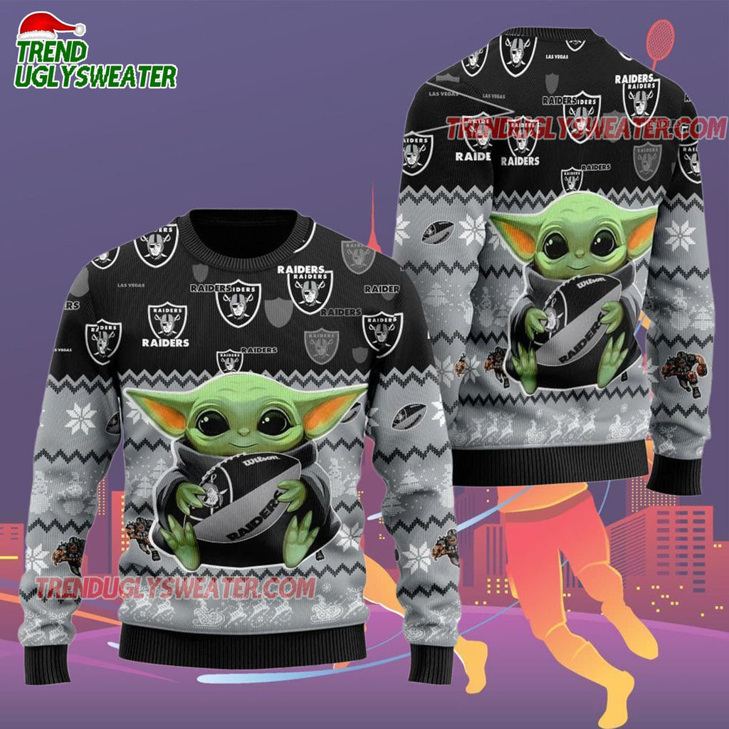 Las Vegas Raiders Baby Yoda Hug The Ball Christmas Ugly Sweater