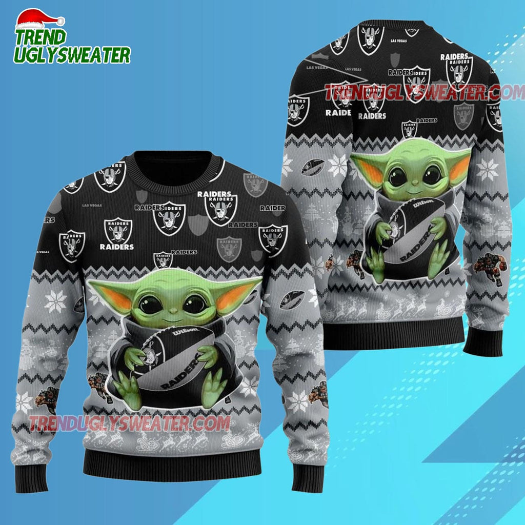Las Vegas Raiders Baby Yoda Hug The Ball Christmas Ugly Sweater