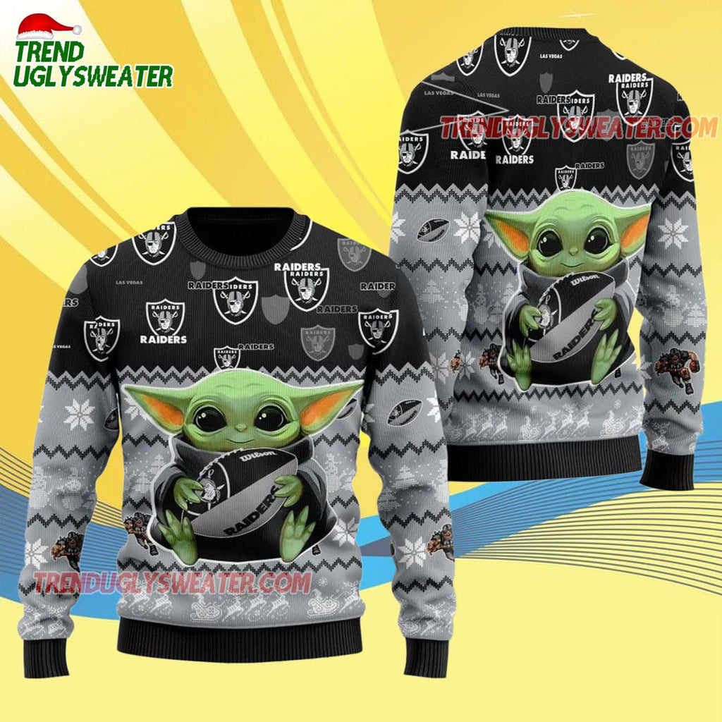 Las Vegas Raiders Baby Yoda Hug The Ball Christmas Ugly Sweater