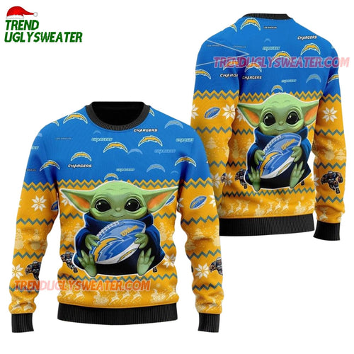 Los Angeles Chargers Baby Yoda Hug The Ball Christmas Ugly Sweater