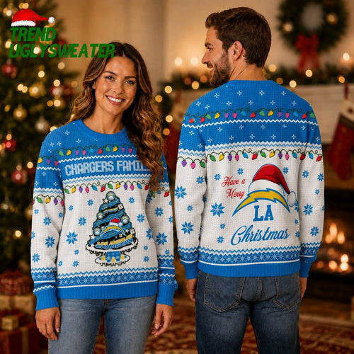 Los Angeles Chargers Family Christmas Tree and Holiday Lights Ugly Christmas Sweater