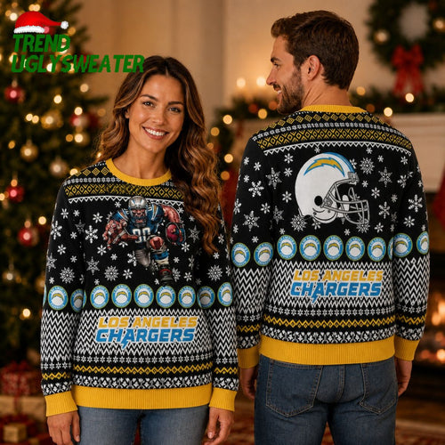 Los Angeles Chargers Rushing Player and Football Helmet Snowflake Ugly Christmas Sweater