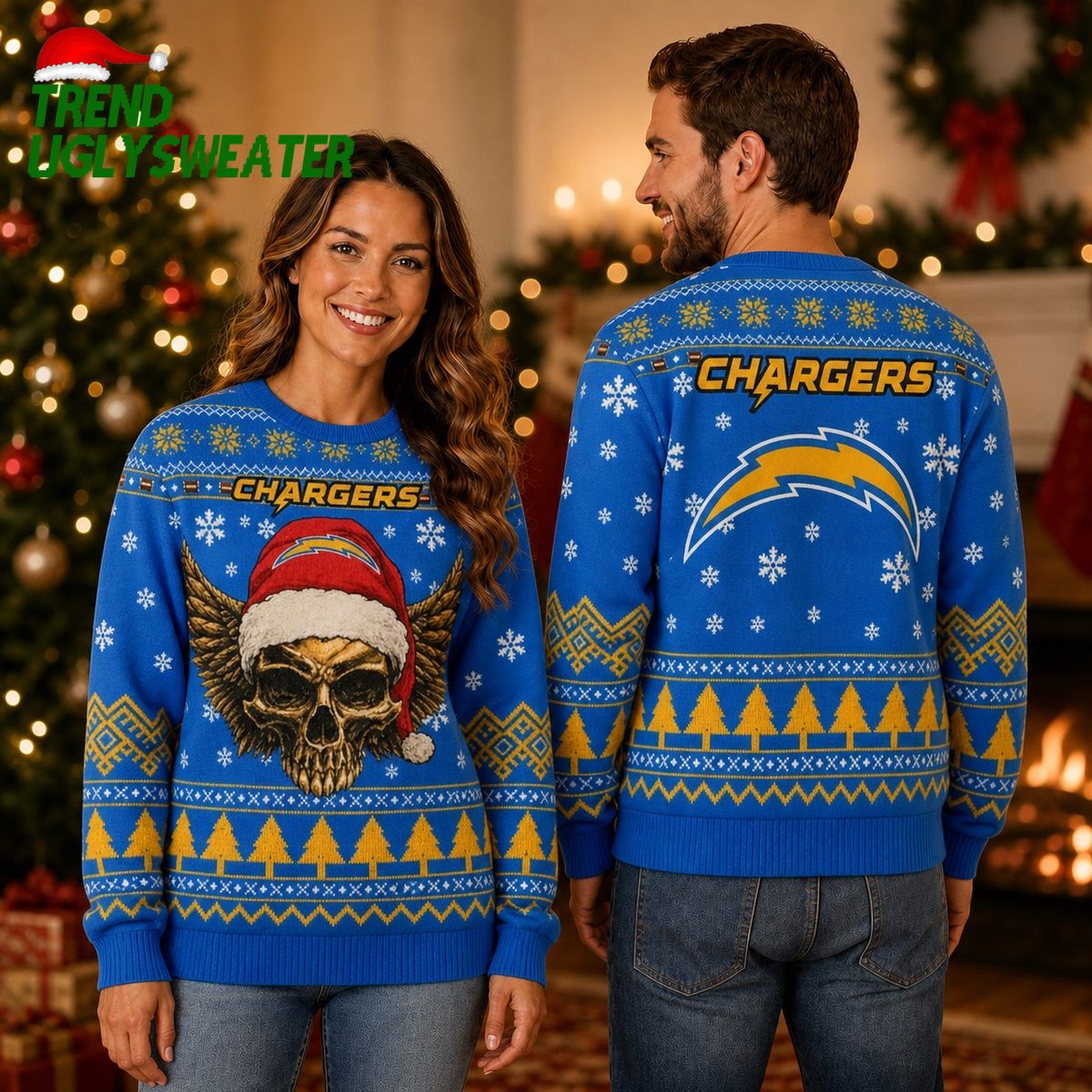 Los Angeles Chargers Winged Skull Santa Hat Ugly Christmas Sweater