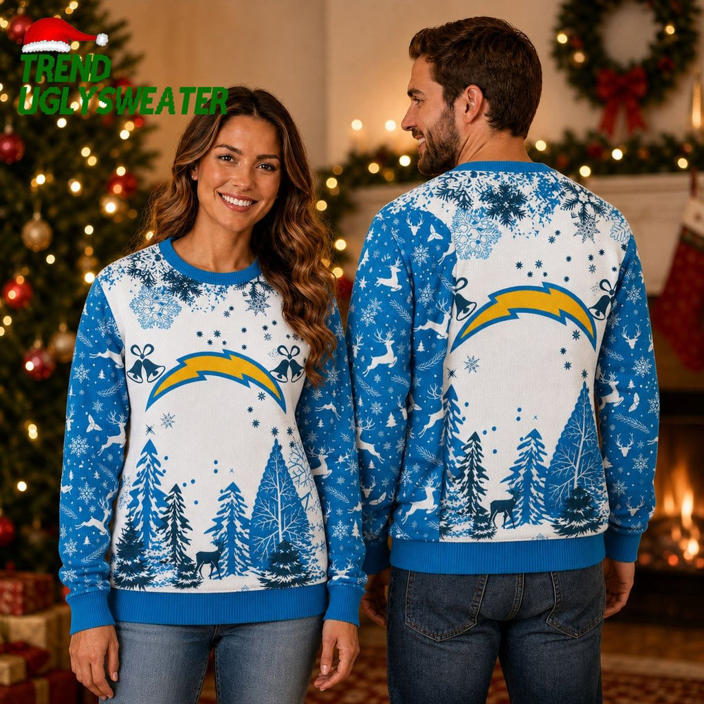 Los Angeles Chargers Winter Forest Reindeer and Christmas Bells Ugly Christmas Sweater