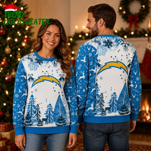 Los Angeles Chargers Winter Forest Reindeer and Christmas Bells Ugly Christmas Sweater