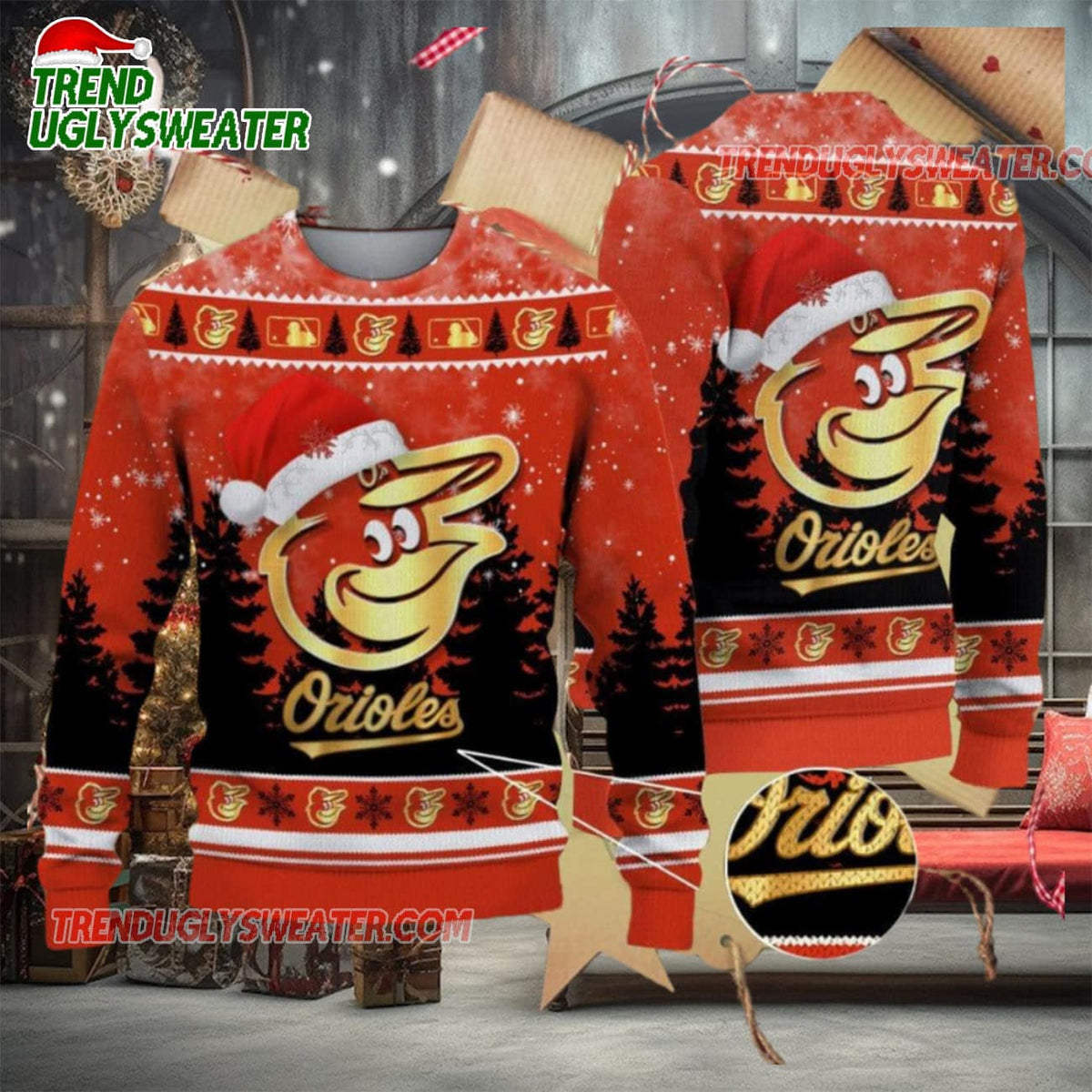 MLB Baltimore Orioles Santa Hat Celebration Ugly Christmas Sweater