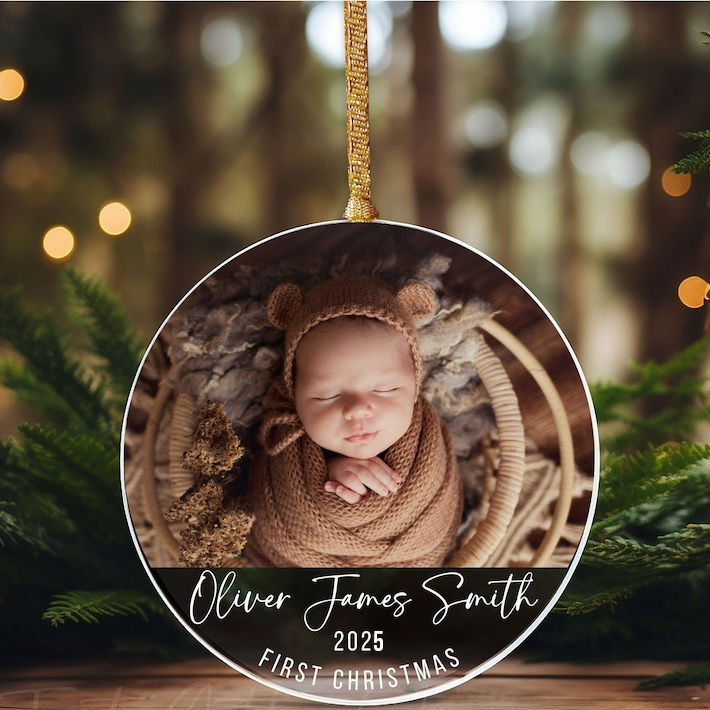 Custom Photo Baby’s First Christmas - Personalized Circle Acrylic Ornament - Babies First Christmas Gifts