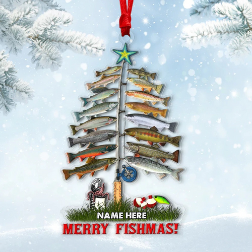 Merry Fishmas Flat Fishing - Personalized Custom Shaped Acrylic Ornament - Christmas Gift For Him, for Dad, Fishing Lovers