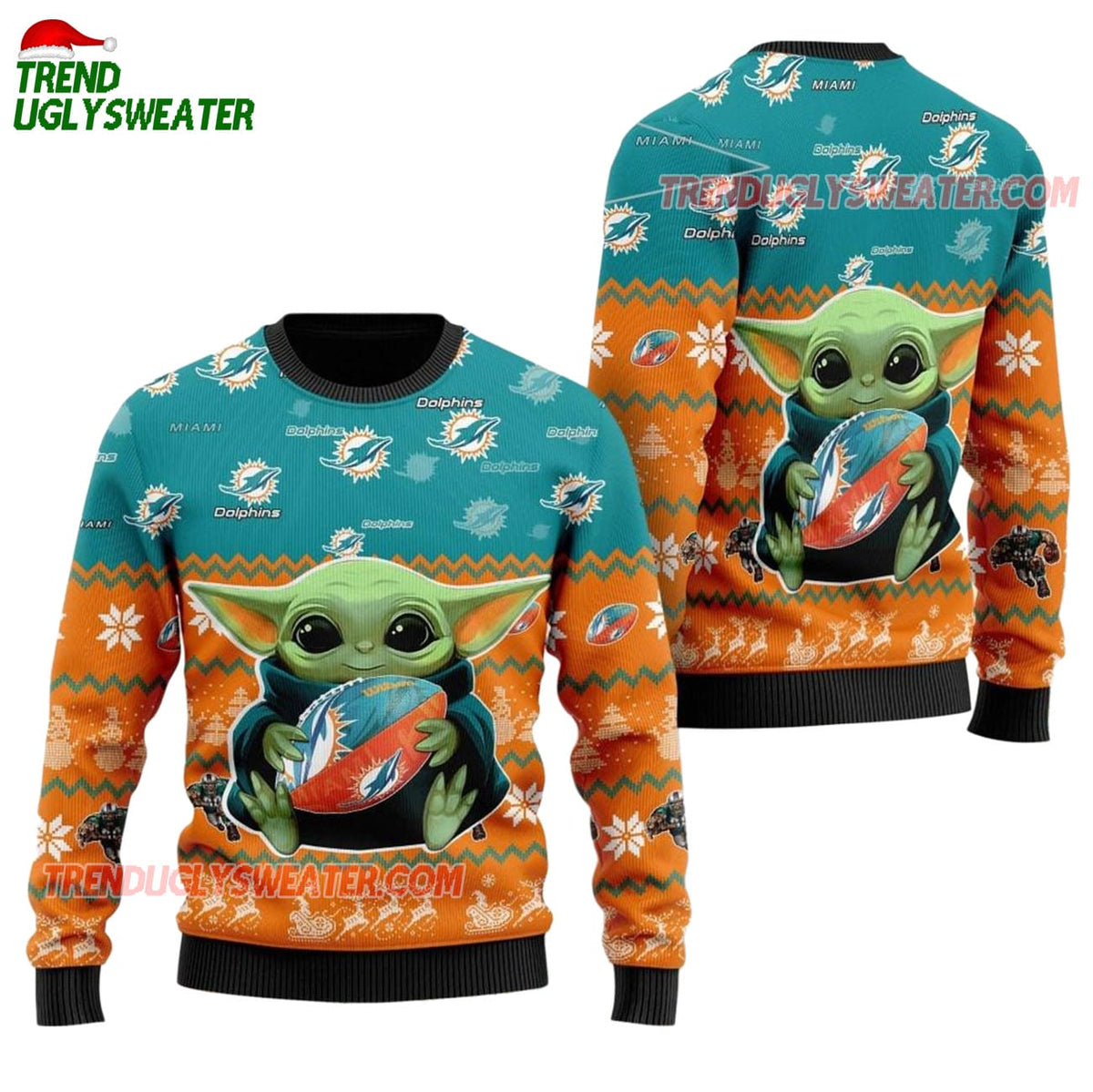 Miami Dolphins Baby Yoda Hug The Ball Christmas Ugly Sweater