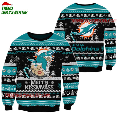 Miami Dolphins Merrykissmyass Funny Santa Claus Christmas Ugly Sweater