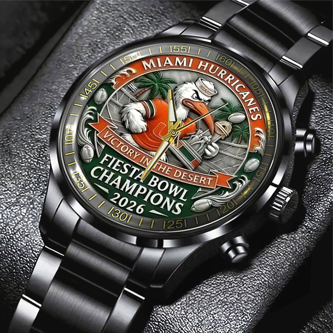 Miami Hurricanes Football 2026 Fiesta Bowl Champions Black Stainless Steel Watch – TANTN20140