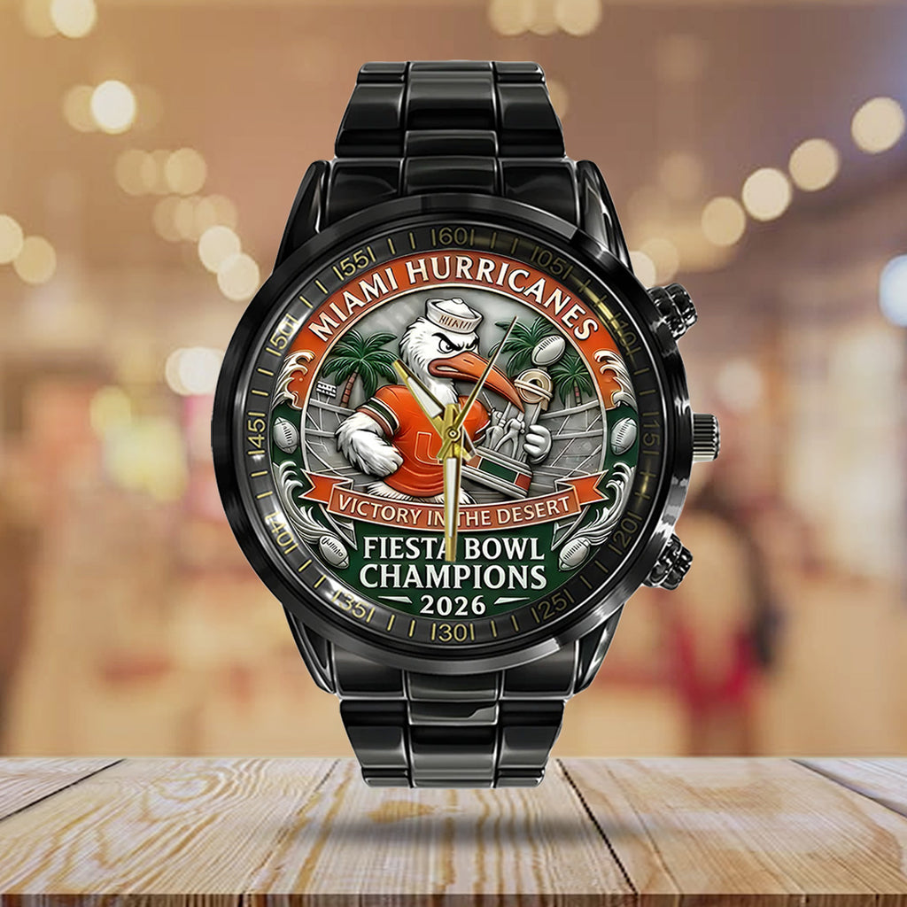 Miami Hurricanes Football 2026 Fiesta Bowl Champions Black Stainless Steel Watch – TANTN20140