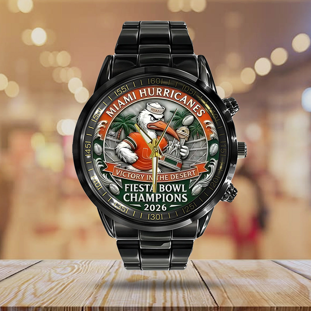 Miami Hurricanes Football 2026 Fiesta Bowl Champions Black Stainless Steel Watch – TANTN20140