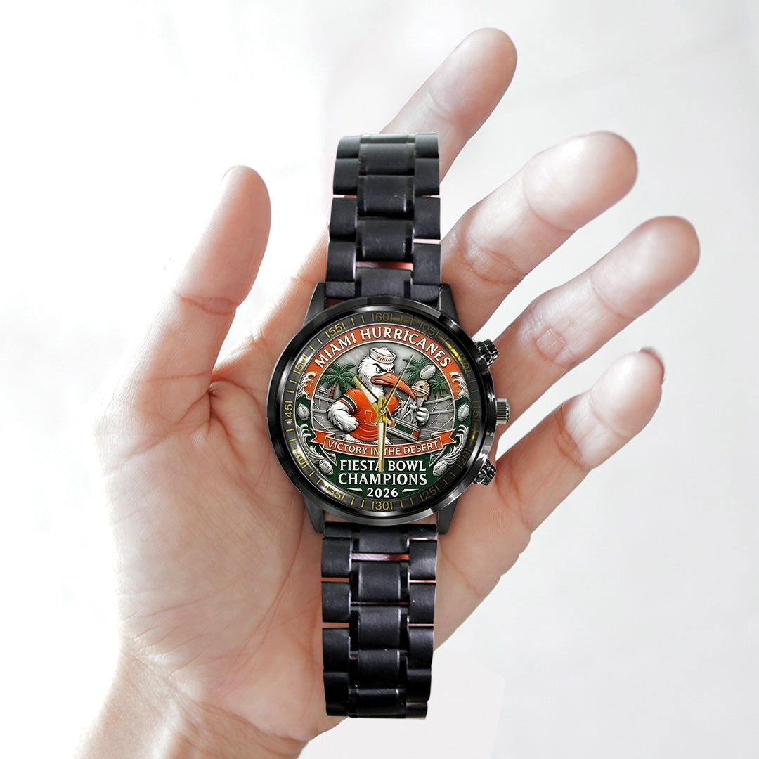 Miami Hurricanes Football 2026 Fiesta Bowl Champions Black Stainless Steel Watch – TANTN20140