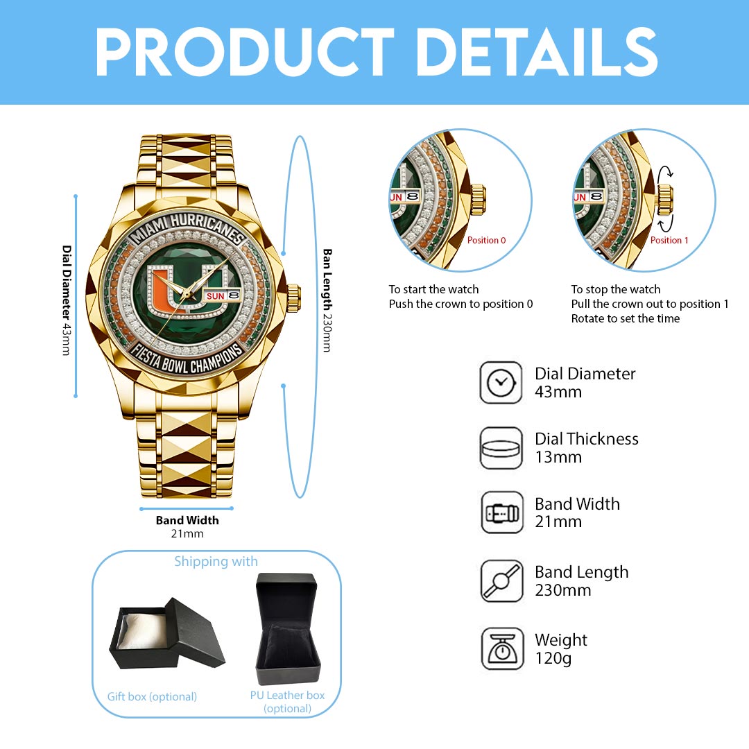 Miami Hurricanes Football 2026 Fiesta Bowl Champions Alloy Luxury Quartz Watch – HOATT15612
