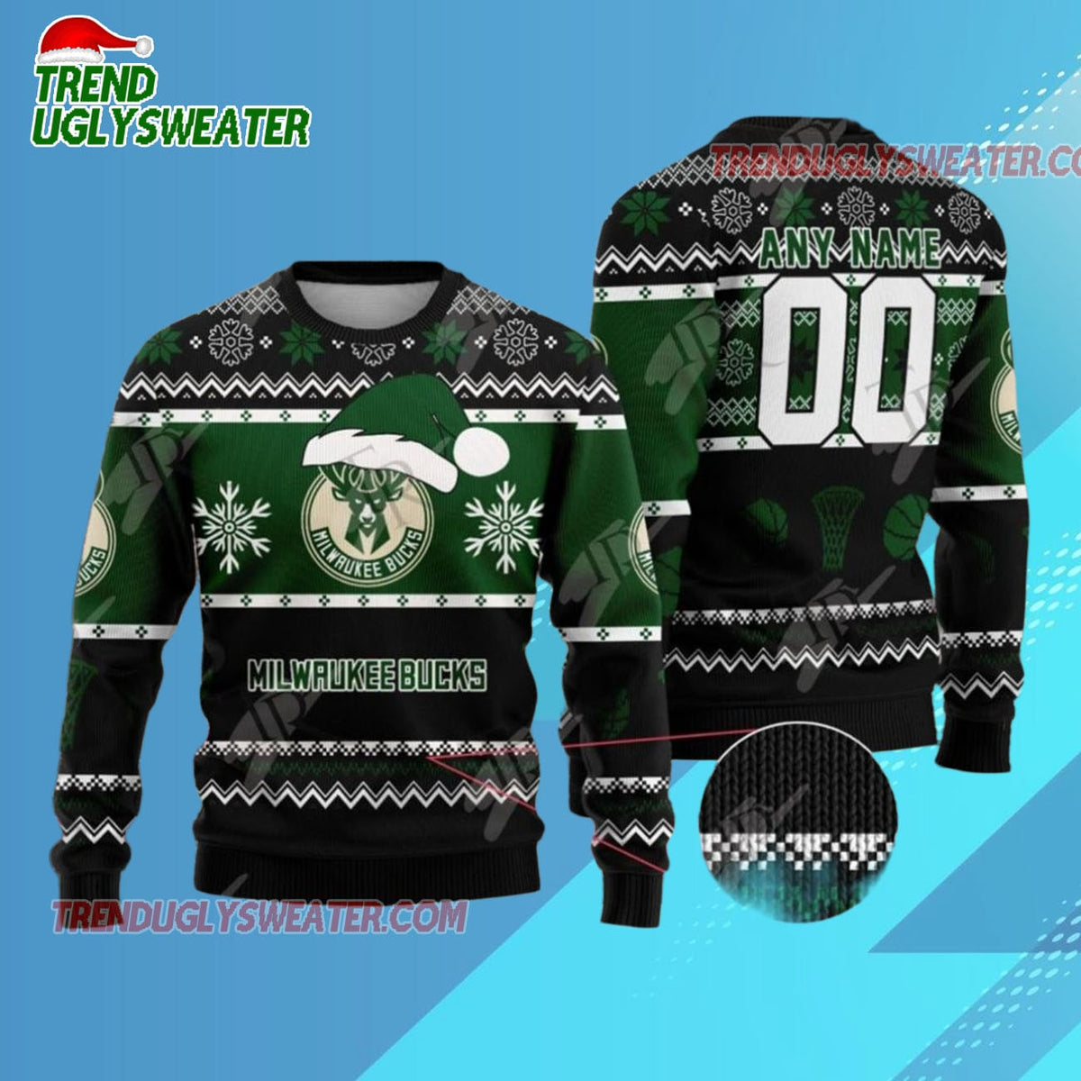 Personalized Milwaukee Bucks Snowy Antler Slam Ugly Christmas Sweater