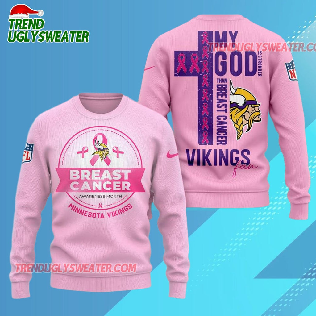 Minnesota Vikings 2025 NFL My God Is Stronger Than Breast Cancer Chritmas Sweater