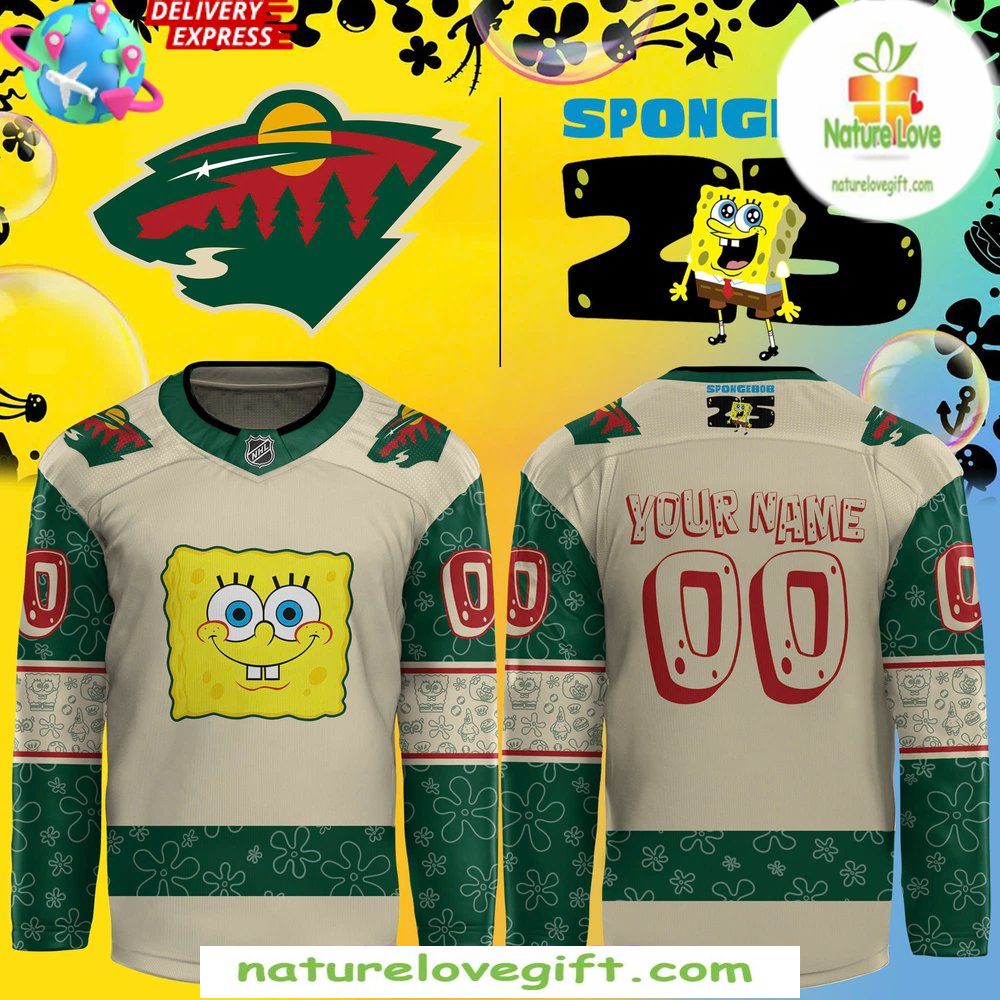 Minnesota Wild Spongebob 25th Anniversary Hockey Jersey Custom
