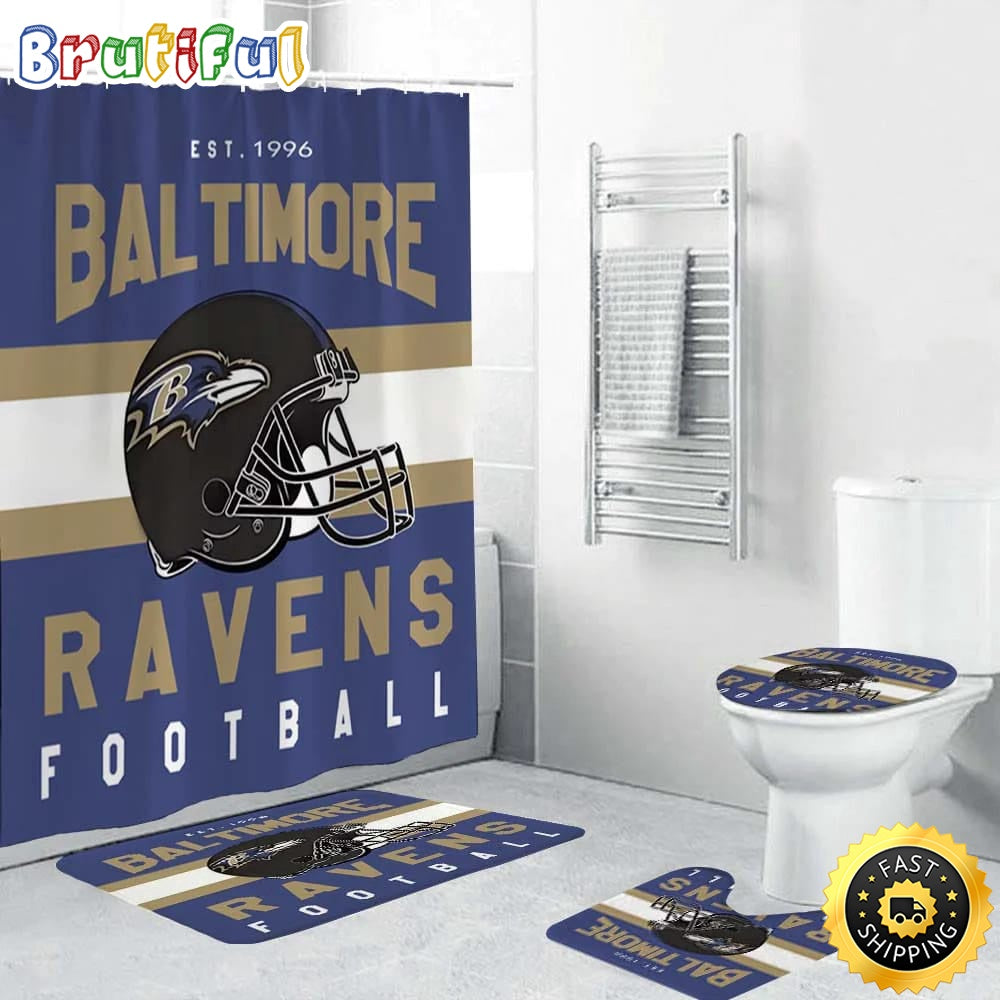 NFL Baltimore Ravens Helmet Shower Curtain Football Bathroom Mat Set and Shower Curtain