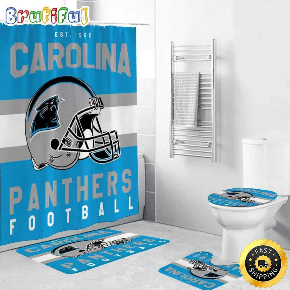 NFL Carolina Panthers Helmet Shower Curtain Football Bathroom Mat Set and Shower Curtain
