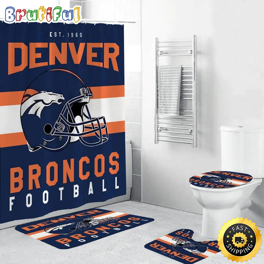 NFL Denver Broncos Helmet Shower Curtain Football Bathroom Mat Set and Shower Curtain