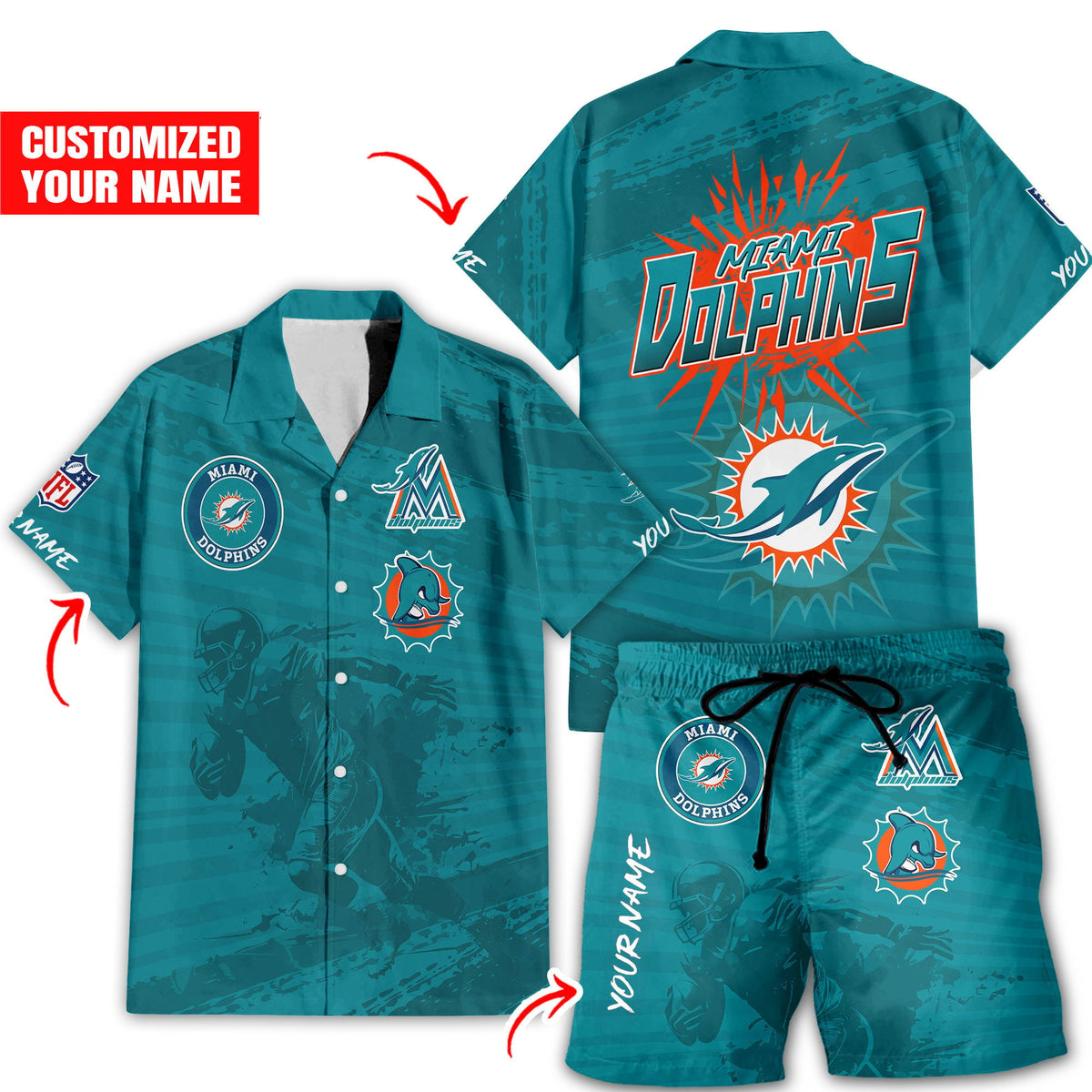 NFL Miami Dolphins Combo Hawaiian Shirt And Shorts, Football Summer Beach Hawaiian Sets
