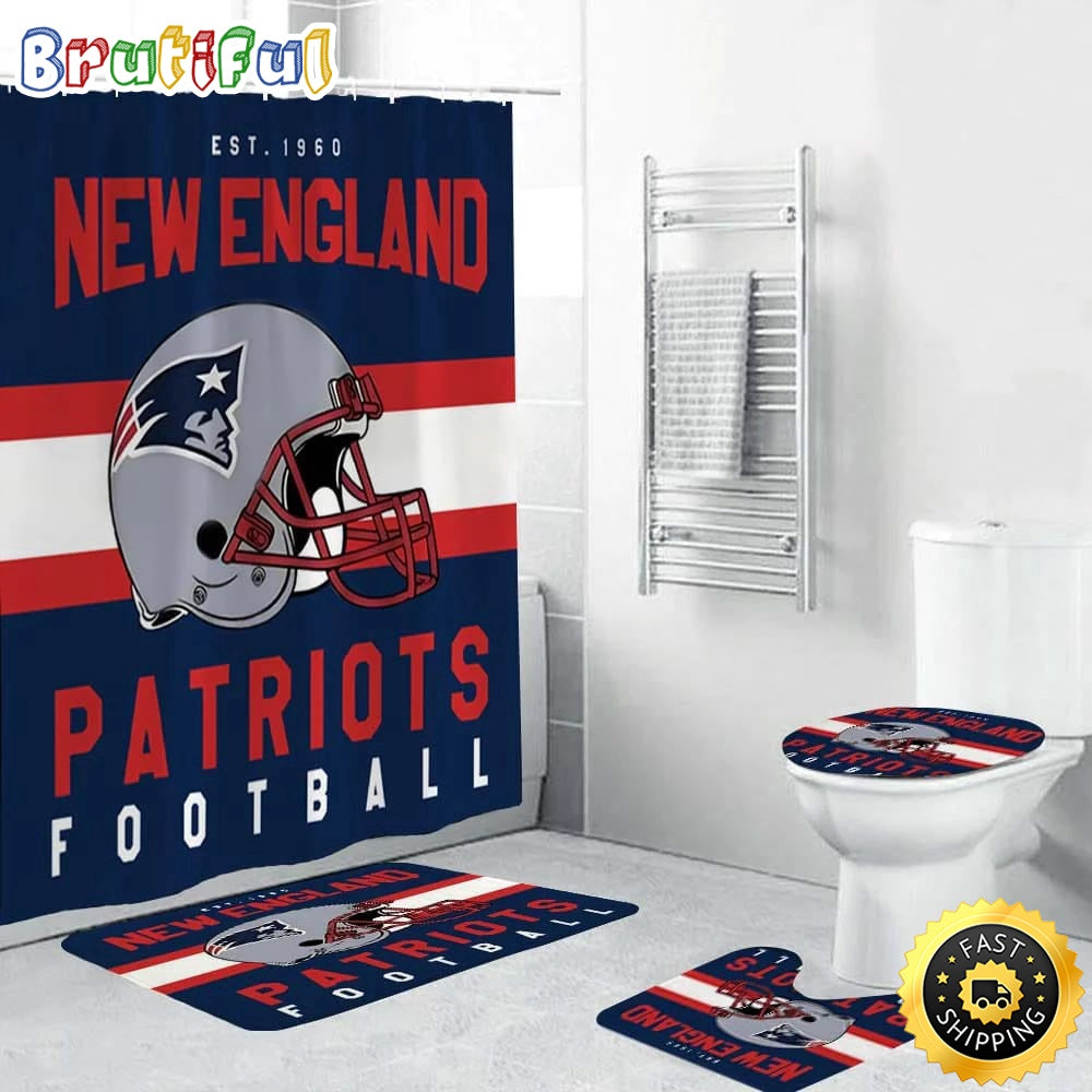 NFL New England Patriots Helmet Shower Curtain Football Bathroom Mat Set and Shower Curtain
