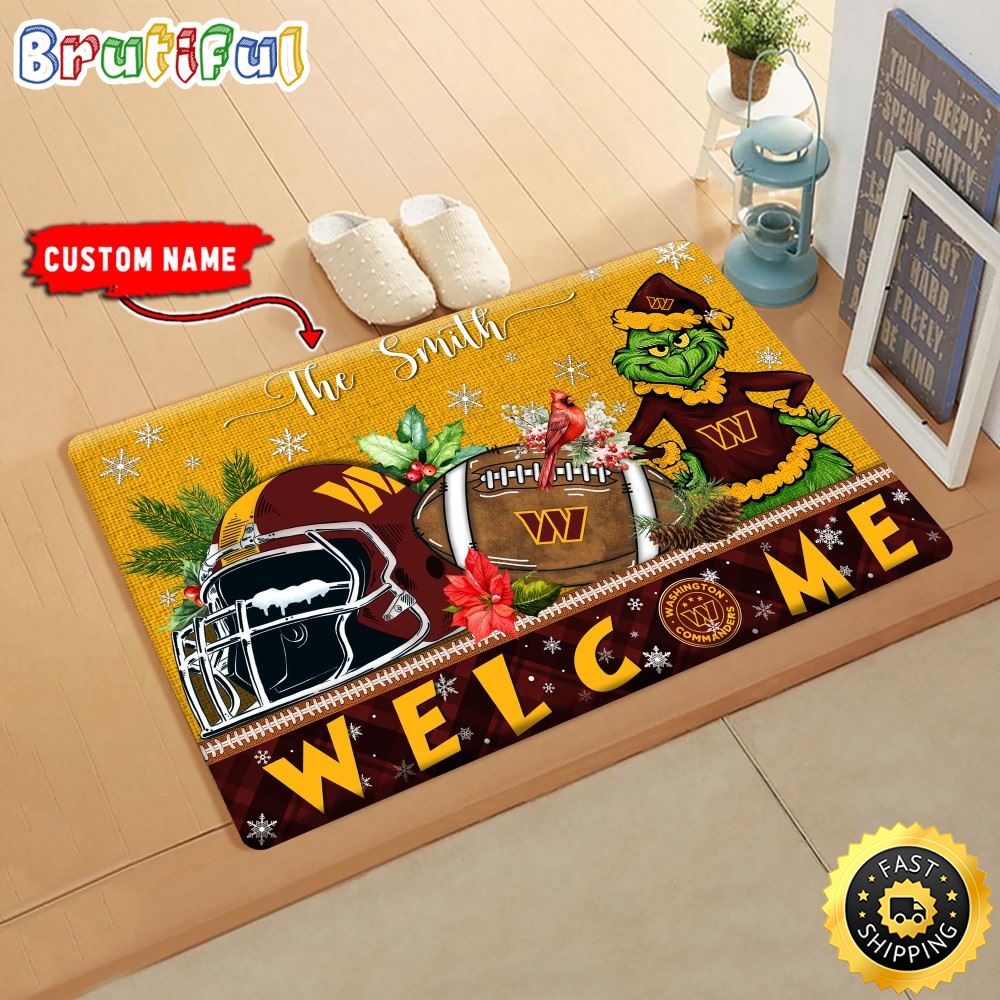 NFL Washington Commanders Doormat Grinch Christmas Welcome Custom Name Football Doormat