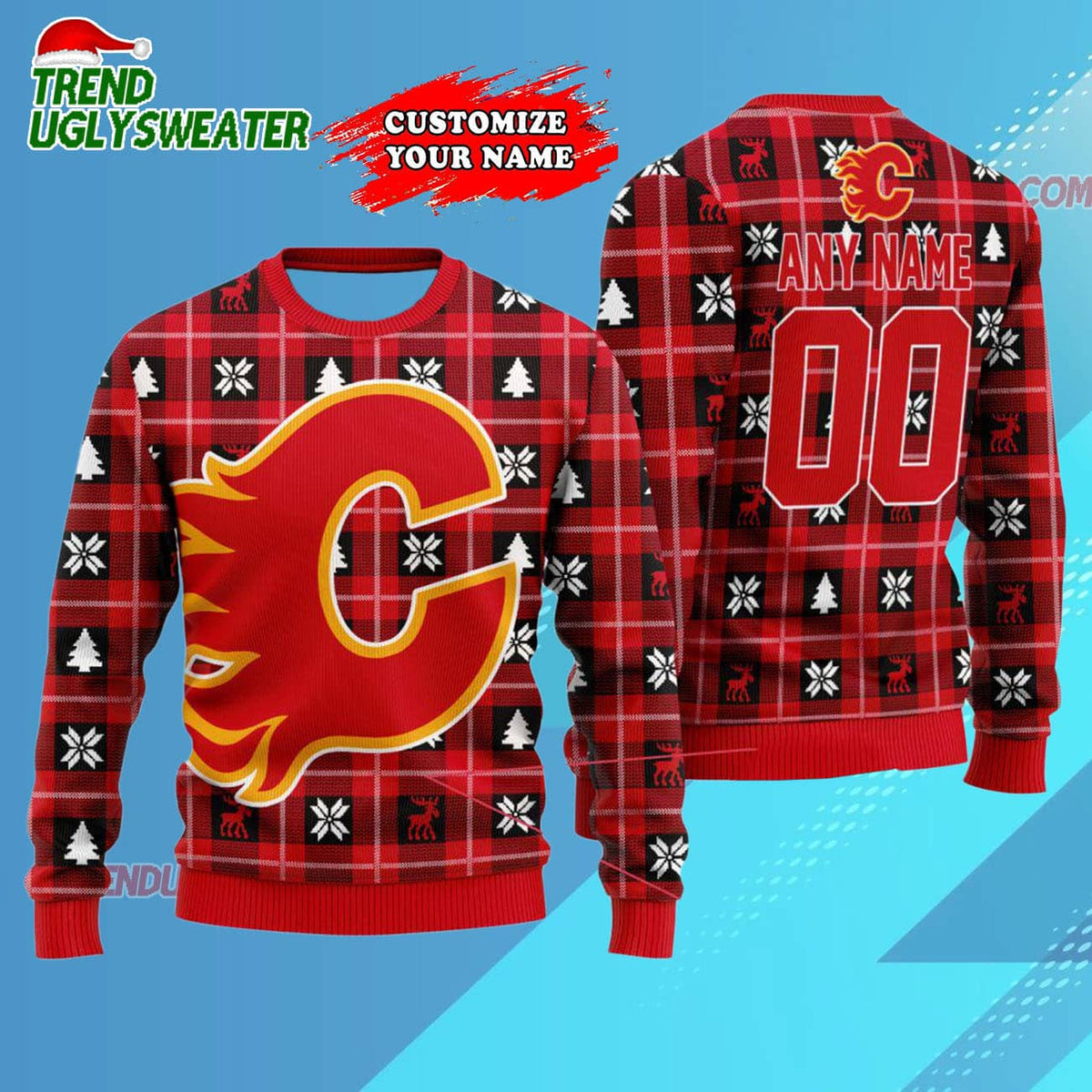 NHL Calgary Flames Personalized Snow Tree Ugly Christmas Sweater