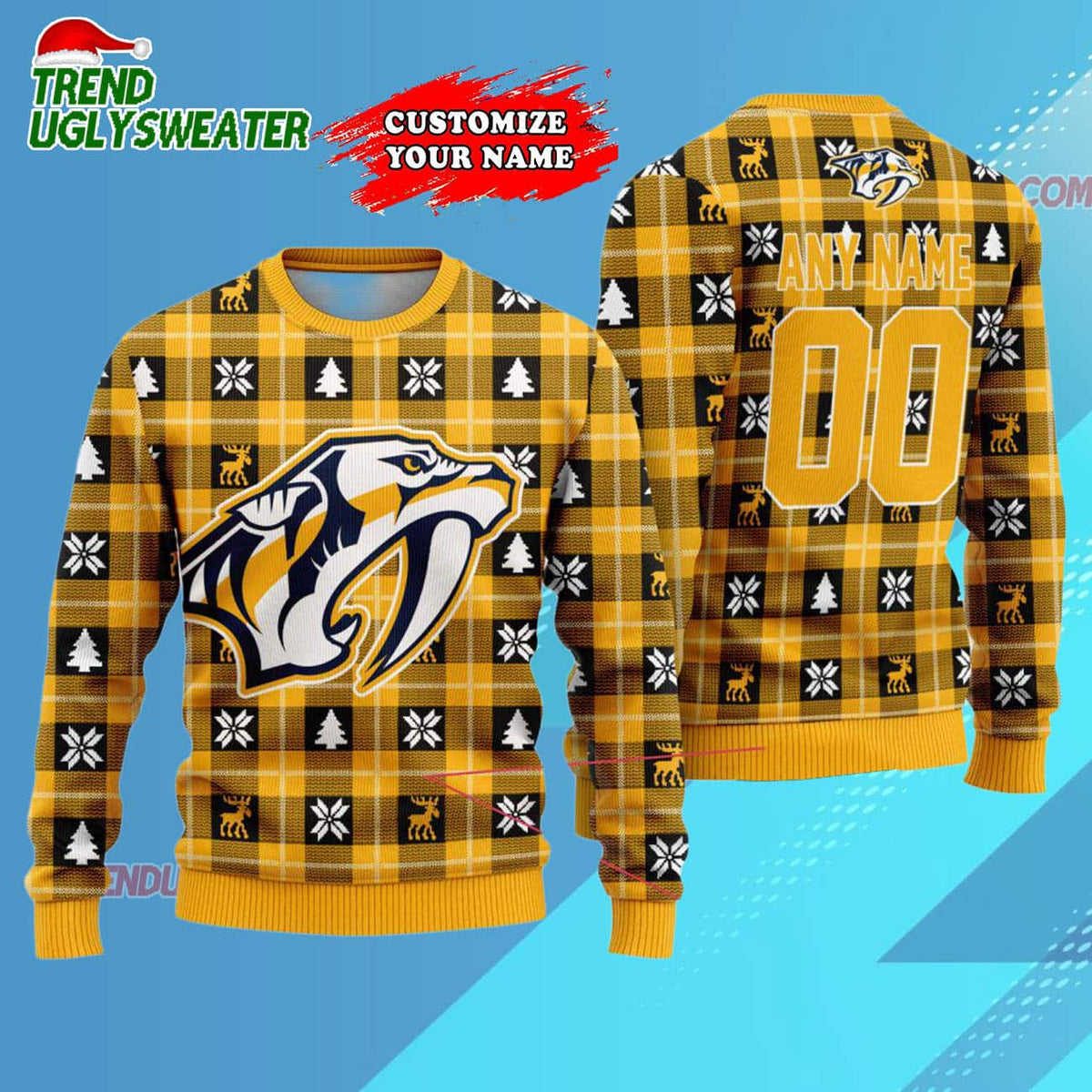 NHL Nashville Predators Personalized Snow Tree Ugly Christmas Sweater