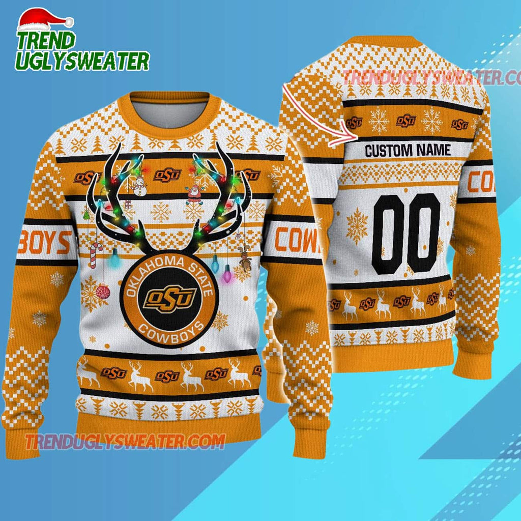 Personalized Ncaa Oklahoma State Cowboys Special Reindeer Light Ugly Christmas Sweater
