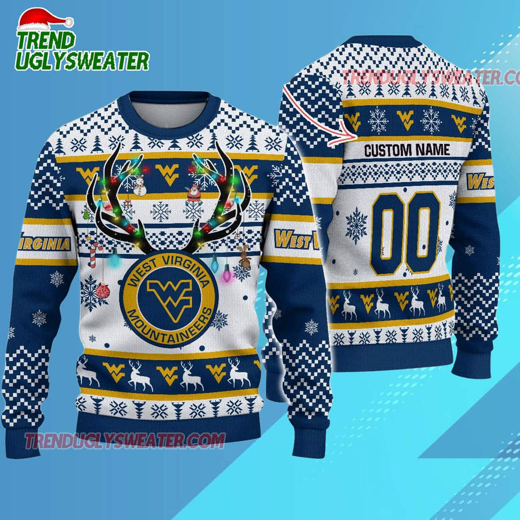 Personalized Ncaa West Virginia Mountaineers Special Reindeer Light Ugly Christmas Sweater