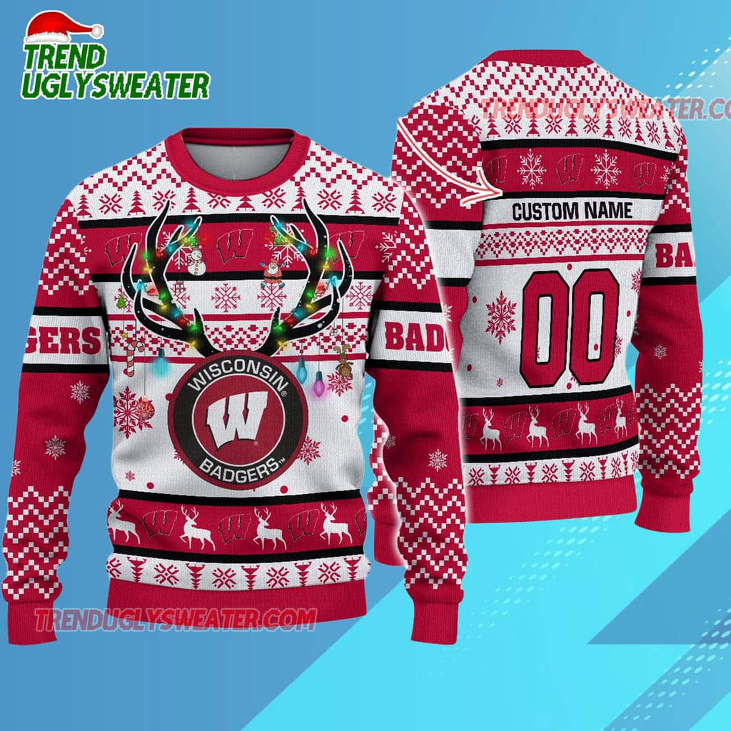 Personalized Ncaa Wisconsin Badgers Special Reindeer Light Ugly Christmas Sweater